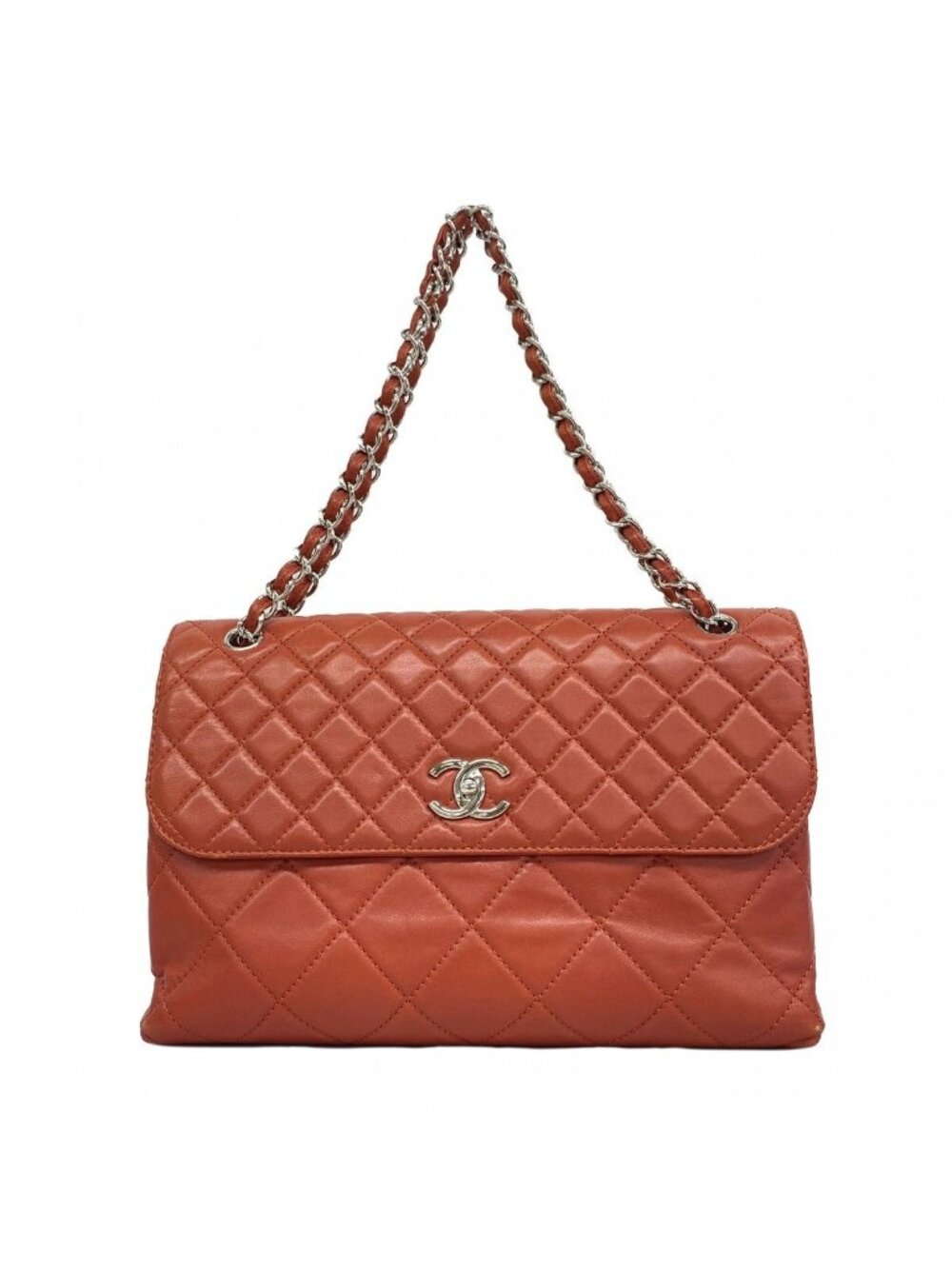 Chanel Shoulder Bag Maxi Quilted Lambskin Red Silver